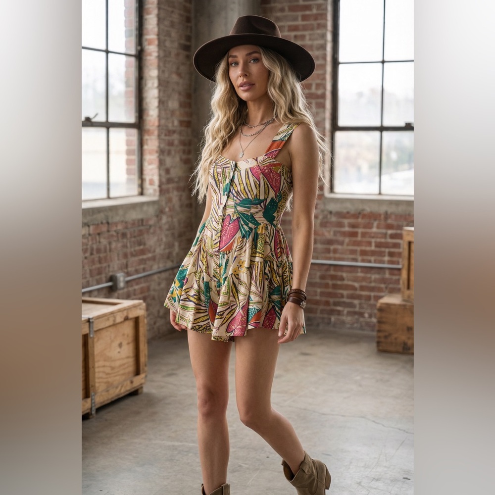 NWT Promesa Tropical Print Button Down Woven Romper Jumper